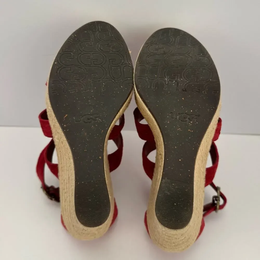 Ugg‎ Red Lauri Suede Leather Espadrille Platform Wedge Sandals Sz 9.5